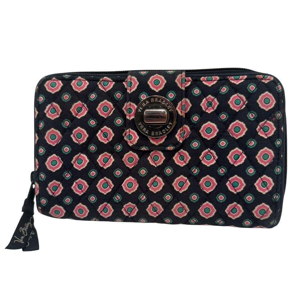 Vera Bradley Petal Paisley Quilted Cotton Turnlock Zip Around Wallet Navy Pink